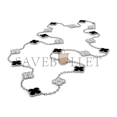 v*n cl*f arpels vintage alhambra long necklace, 20 motifs - white gold, Di*m*nd, onyx vcarp2r800