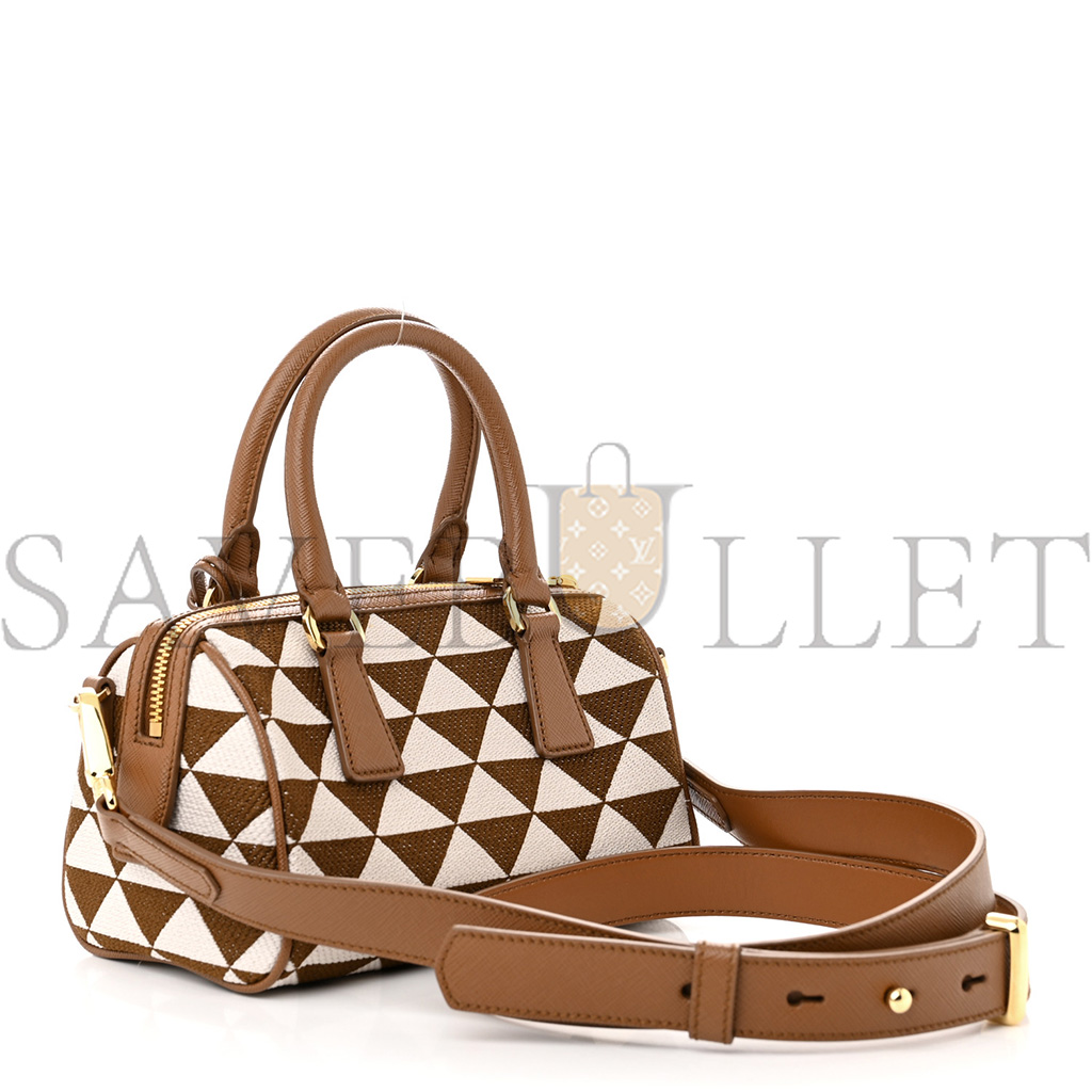 Pra*a jacquard saffiano triangolo symbole embroidered top handle crossbody bag tobacco talco (17*13*11cm)