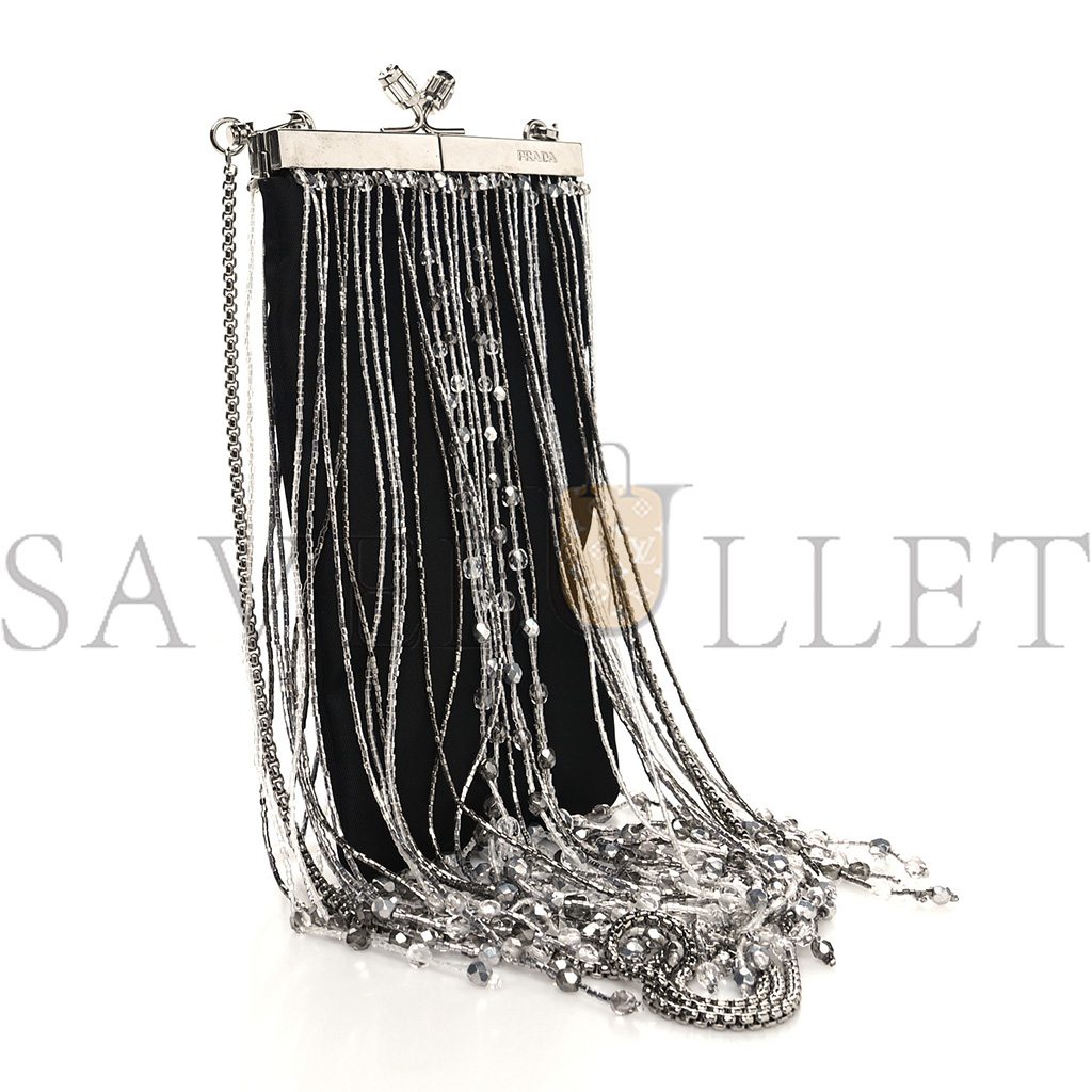 Pra*a nylon beaded fringe flat chain clutch black (20*11*1cm)
