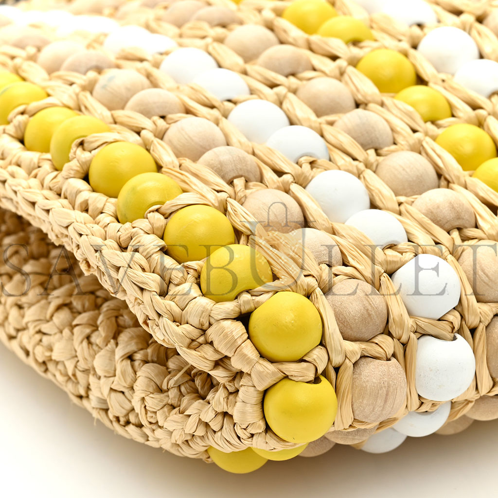 Pra*a raffia embroidered wood beaded logo tote bag tan (25*20*6cm)