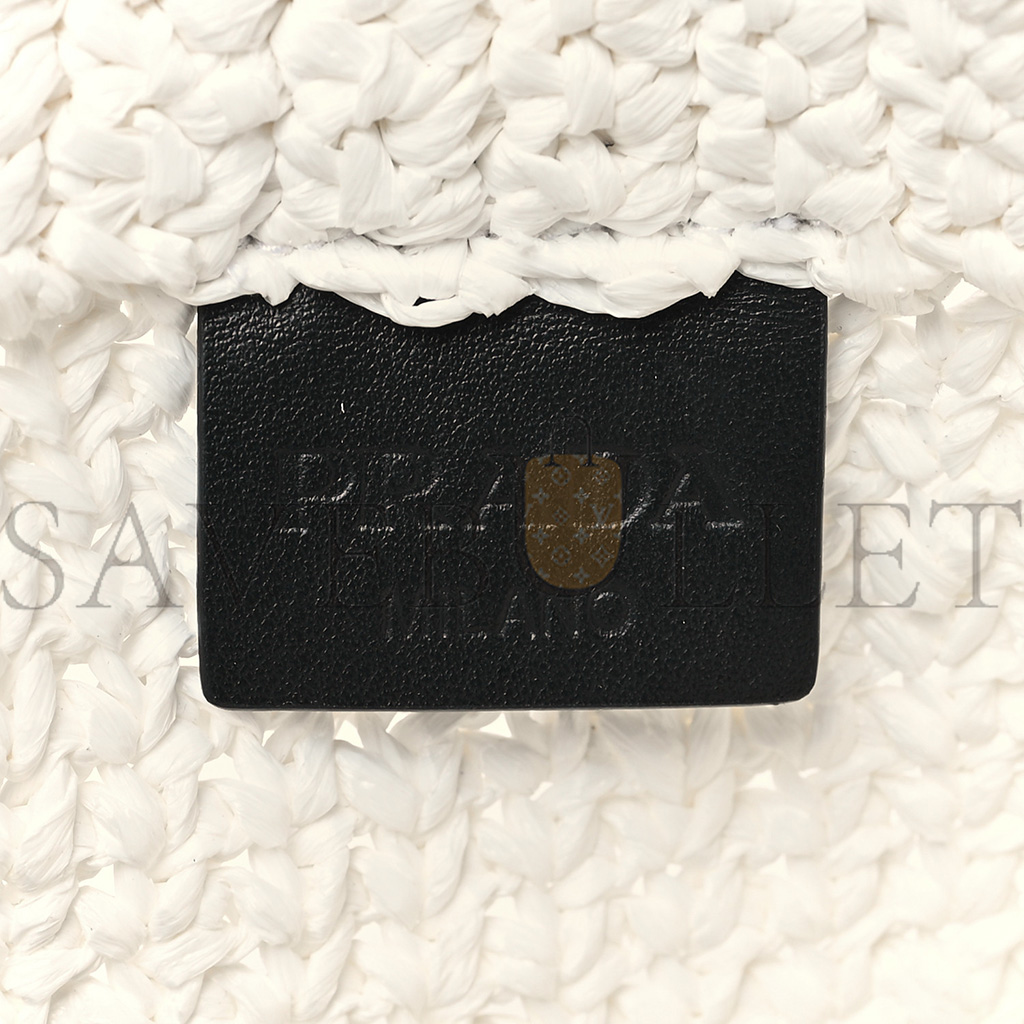 Pra*a yarn raffia effect crochet embroidered small logo tote white (25*23*8cm)