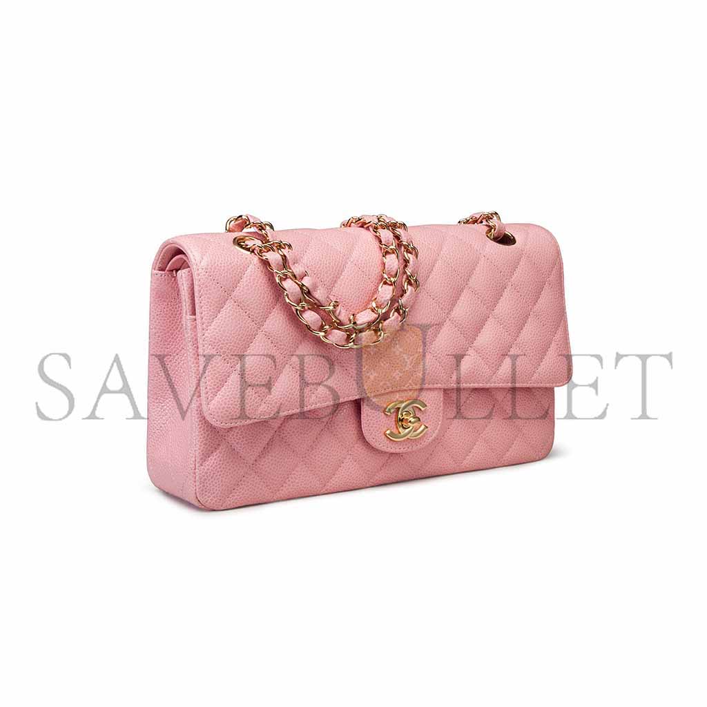 Ch*el pink cavair leather medium double flap bag a37586 (25*15.5*6.5cm)
