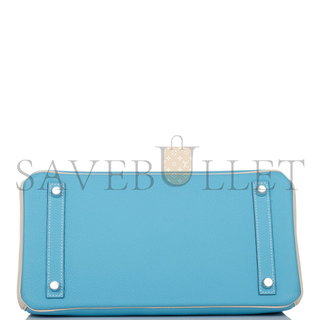 h**mes master birkin 25 togo leather N0*Hern blue and milkshake white silver buckle handbag 2161400178398 (25*20*13cm)