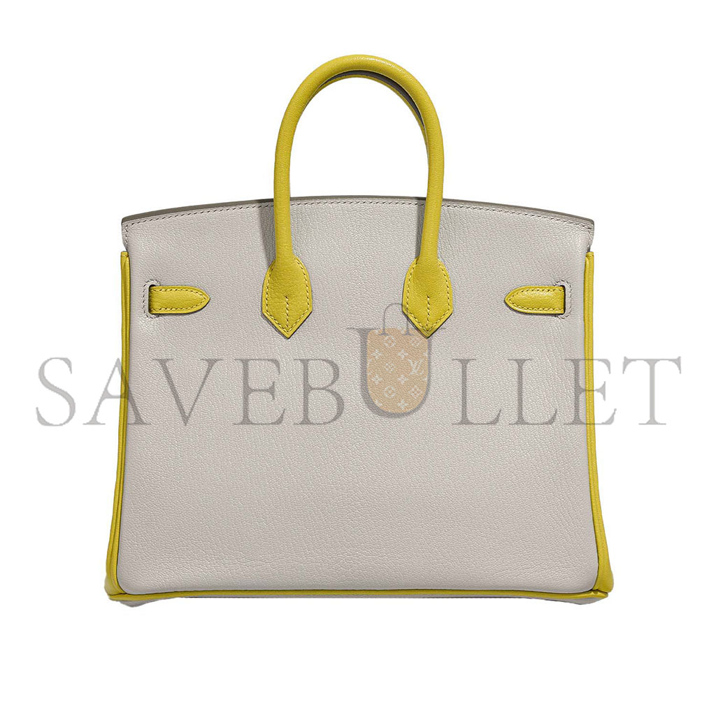 H**mes birkin 25 swift leather pearl grey lemon yellow silver buckle bag 3237 (25*20*13cm)
