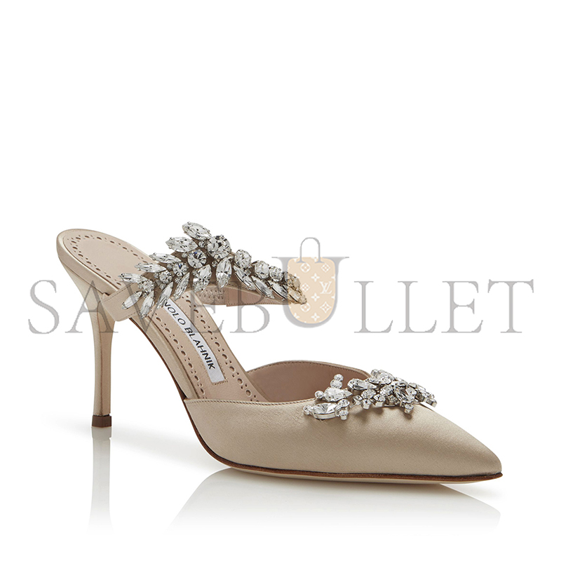 MANOLO BLAHNIK LURUMUS CHAMPAGNE SATIN CRYSTAL EMBELLISHED MULES 9XX-0362-0032