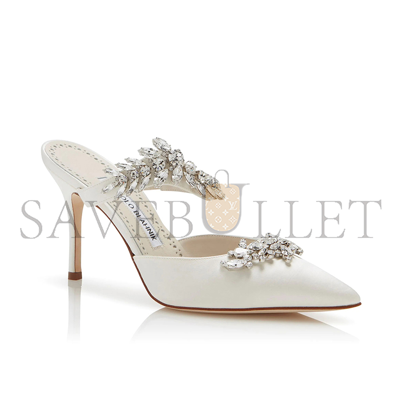 MANOLO BLAHNIK LURUMUS OFF-WHITE SATIN CRYSTAL EMBELLISHED MULES 9XX-0362-0049