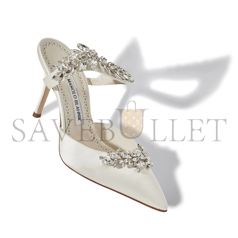 MANOLO BLAHNIK LURUMUS OFF-WHITE SATIN CRYSTAL EMBELLISHED MULES 9XX-0362-0049