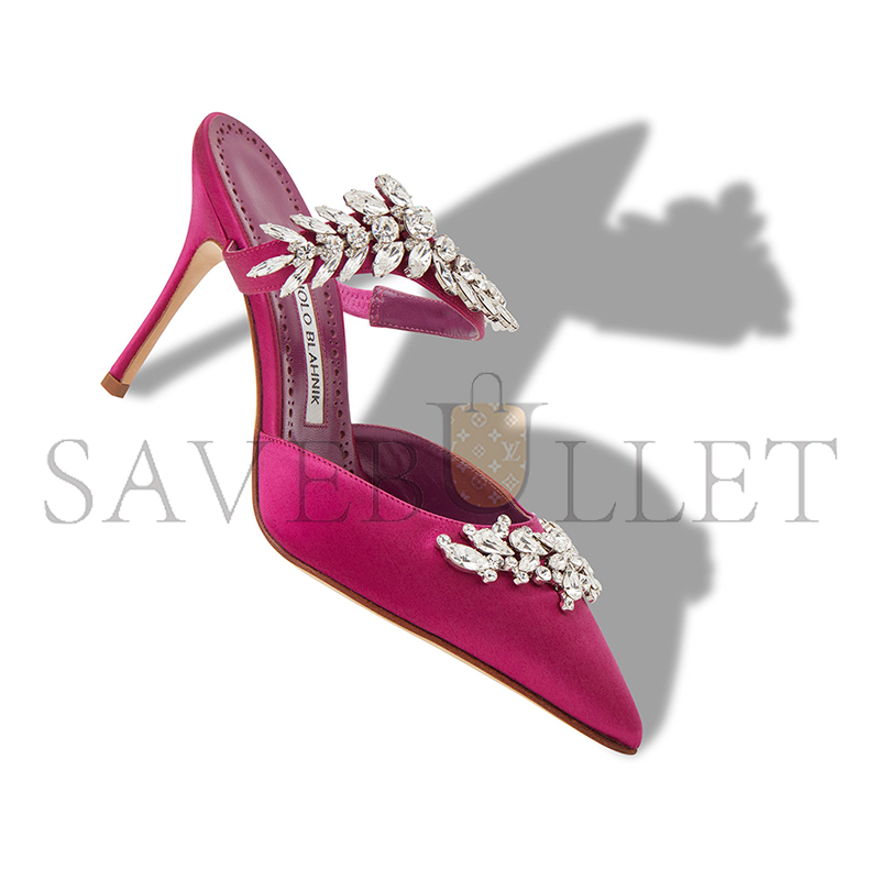 MANOLO BLAHNIK LURUMUS FUCHSIA SATIN CRYSTAL EMBELLISHED MULES 9XX-0362-0030