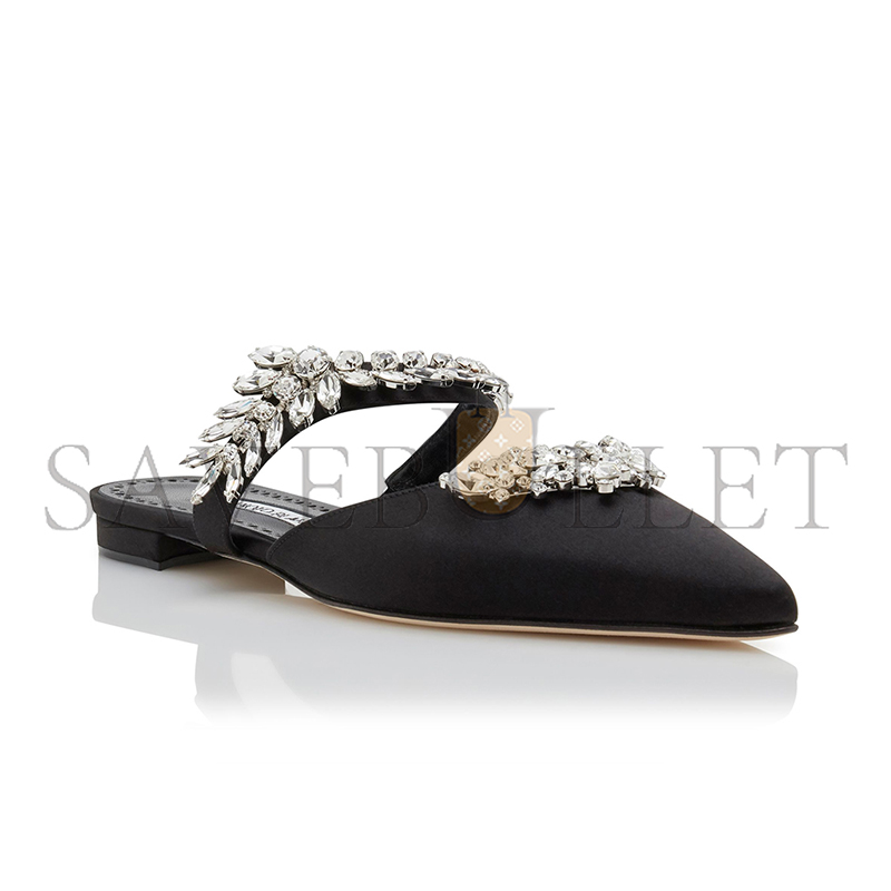 MANOLO BLAHNIK LURUMFLATUS BLACK SATIN CRYSTAL EMBELLISHED FLAT MULES 122-1947-0007