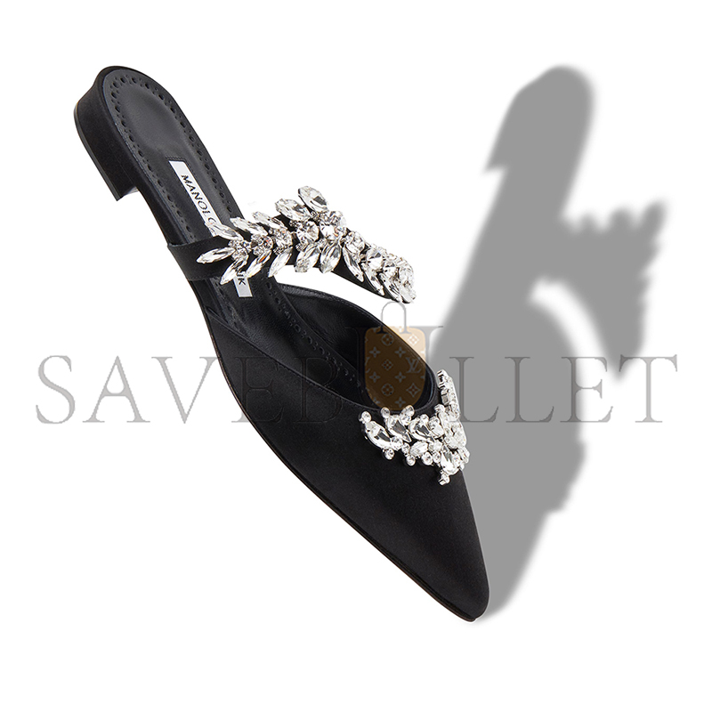 MANOLO BLAHNIK LURUMFLATUS BLACK SATIN CRYSTAL EMBELLISHED FLAT MULES 122-1947-0007