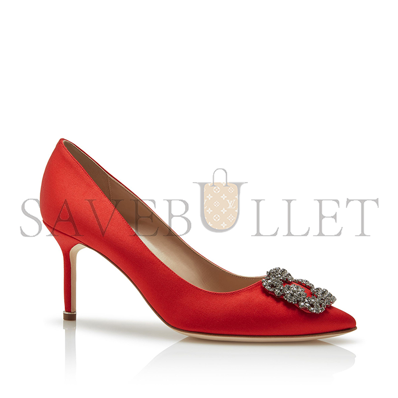 MANOLO BLAHNIK HANGISI 70 RED SATIN JEWEL BUCKLE PUMPS 9XX-0662-0033