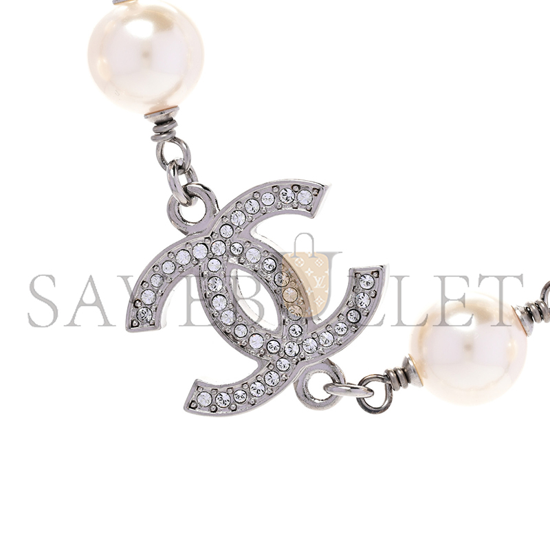 Ch*el graduated pearl crystal cc long necklace silver