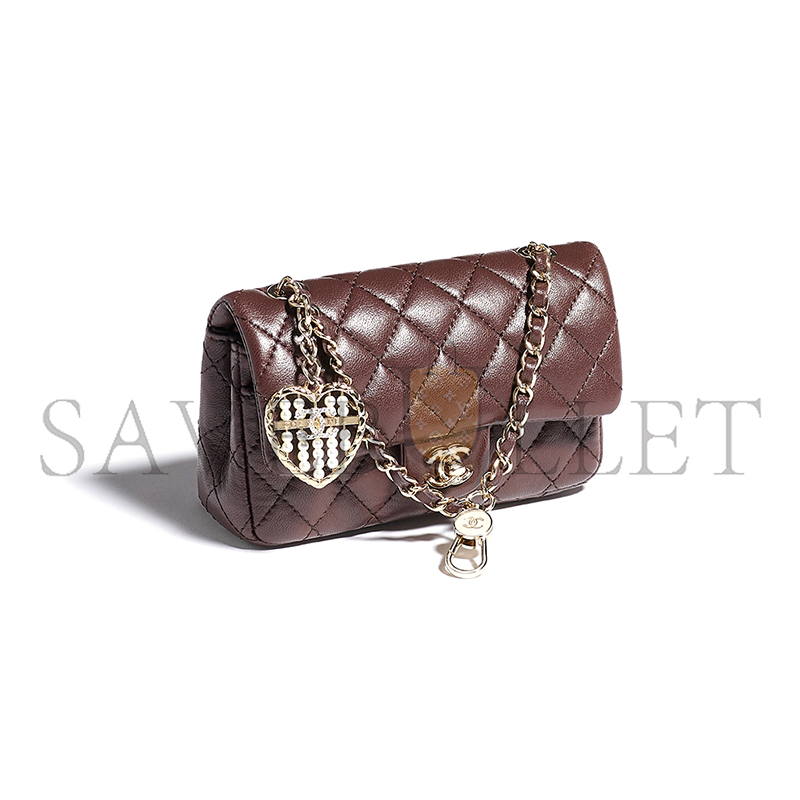 Ch*el classic mini bag with hook lambskin & gold-tone metal dark brown ap4760 (12.5*8*5cm)