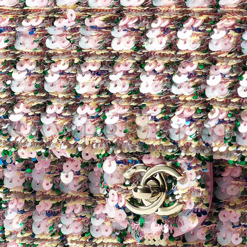 Ch*el flap bag sequins & gold-tone metal light pink, green & yellow as4561 (21*14*8cm)