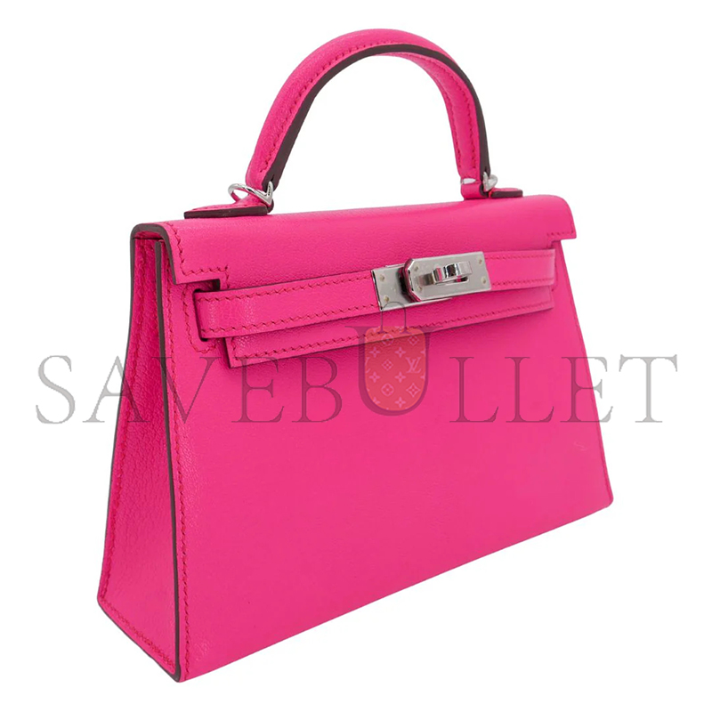 H**mes kelly ii sellier mini rose pop chevre leather palladium hardware 103785 (20*11*6cm)