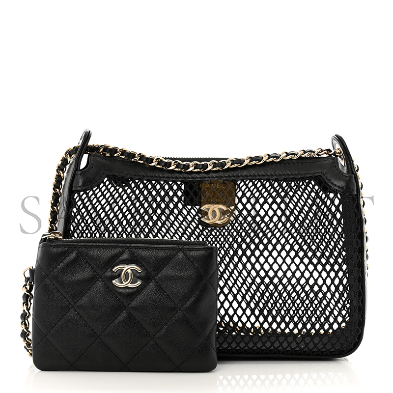 Ch*el mesh shiny lambskin clutch with chain black 1667264 (21*15*5cm)