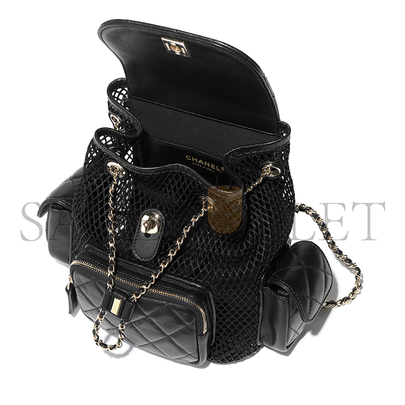 CHANE BACKPACK MESH, SHINY LAMBSKIN & GOLD-TONE METAL BLACK AS5484 (25*23*14cm)
