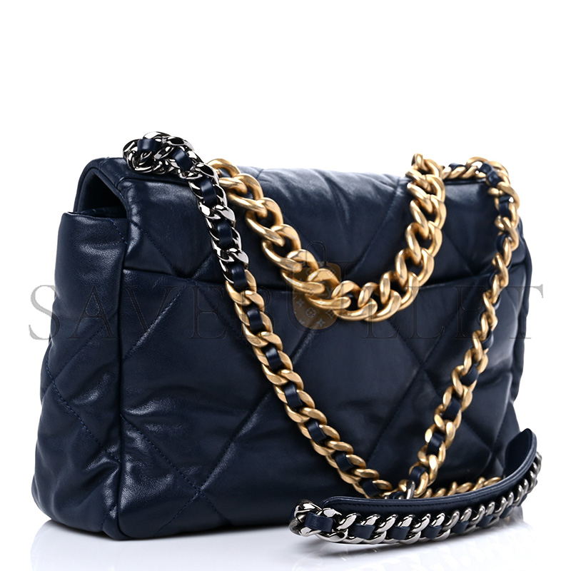 Ch*el lambskin quilted large Ch*el 19 flap navy blue as1161 (30*20*10cm)