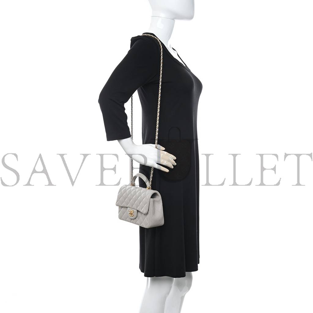 Ch*el lambskin quilted mini top handle rectangular flap grey gold hardware (20*13*6cm)