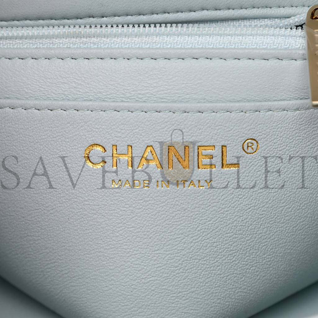Ch*el lambskin quilted mini top handle rectangular flap light blue rose gold hardware (19*12*6cm)