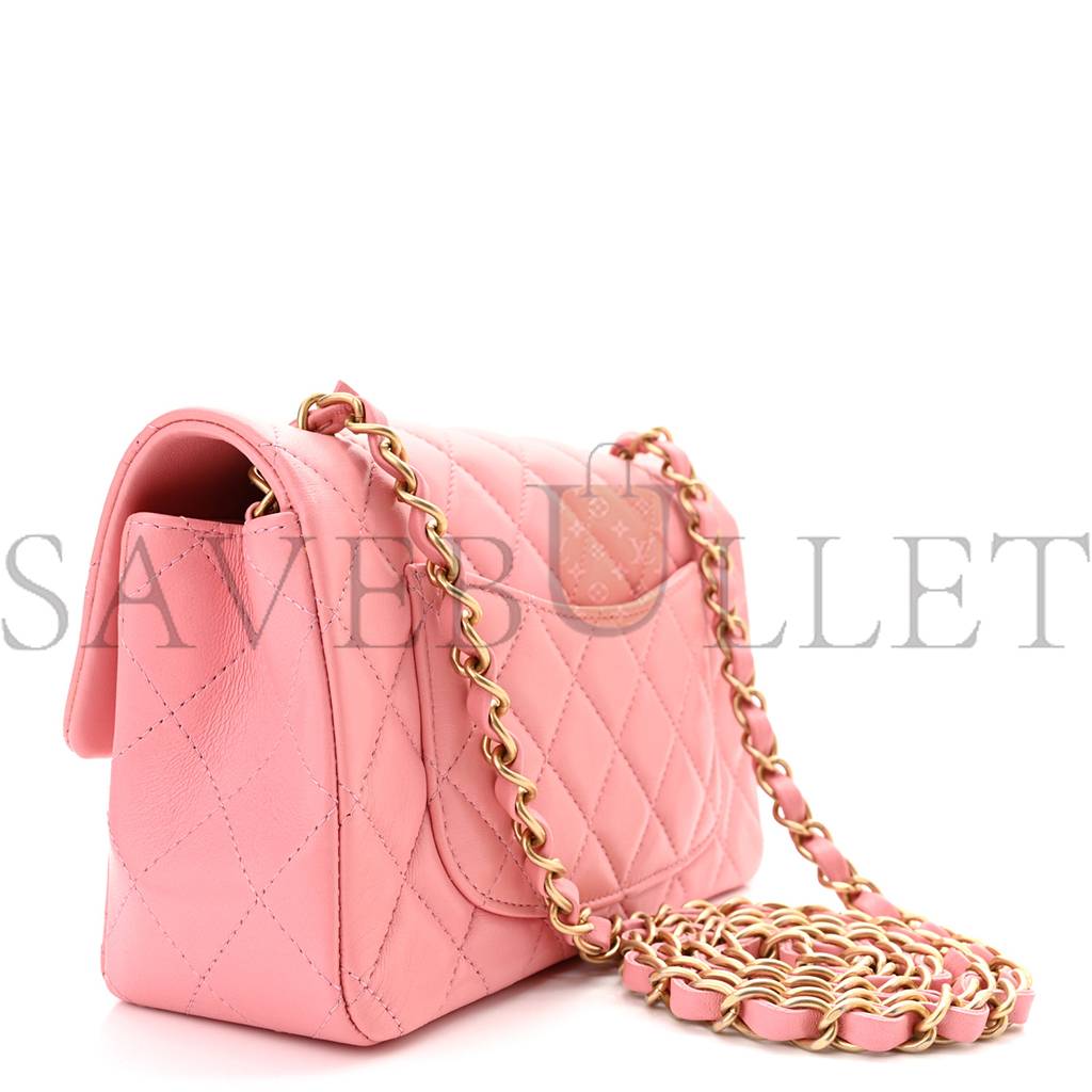 Ch*el lambskin quilted mini rectangular flap pink gold hardware (20*11*6cm)