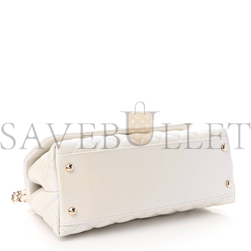 Ch*el iridescent caviar quilted small coco handle flap white rose gold hardware (28*17*11cm)
