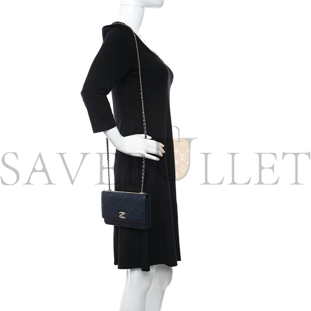 Ch*el lambskin quilted trendy cc wallet on chain woc navy rose gold hardware (19*12*3cm)