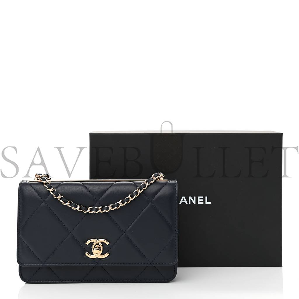 Ch*el lambskin quilted trendy cc wallet on chain woc navy rose gold hardware (19*12*3cm)