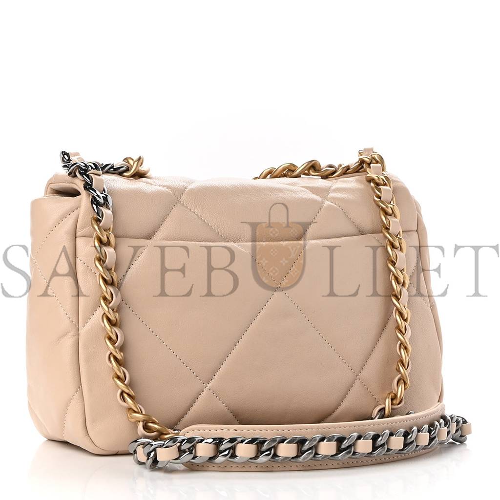 Ch*el goatskin quilted medium Ch*el 19 flap light beige gold hardware (25*15*8cm)