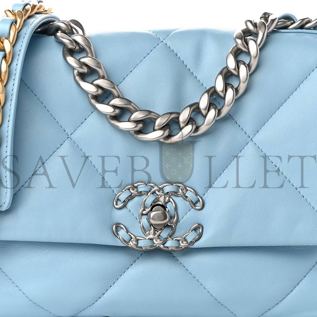 Ch*el lambskin quilted medium Ch*el 19 flap light blue silver hardware (25*17*8cm)