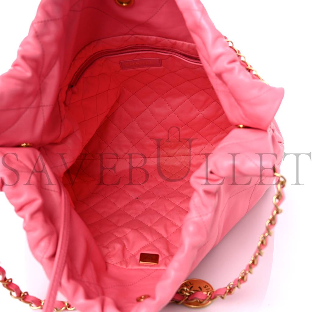Ch*el shiny calfskin quilted Ch*el 22 drawstring bag coral pink gold hardware (42*39*8cm)