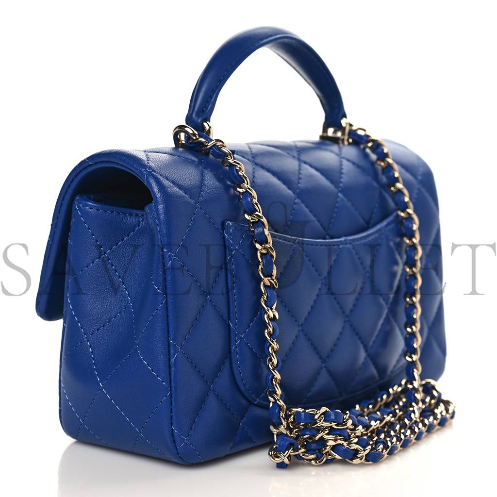 Ch*el lambskin quilted mini top handle rectangular flap blue rose gold hardware (20*12*6cm)