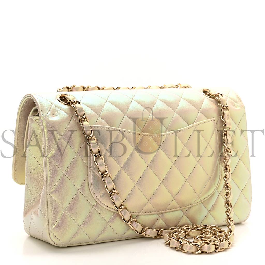 Ch*el iridescent lambskin quilted medium double flap ivory rose gold hardware (25*15*6cm)