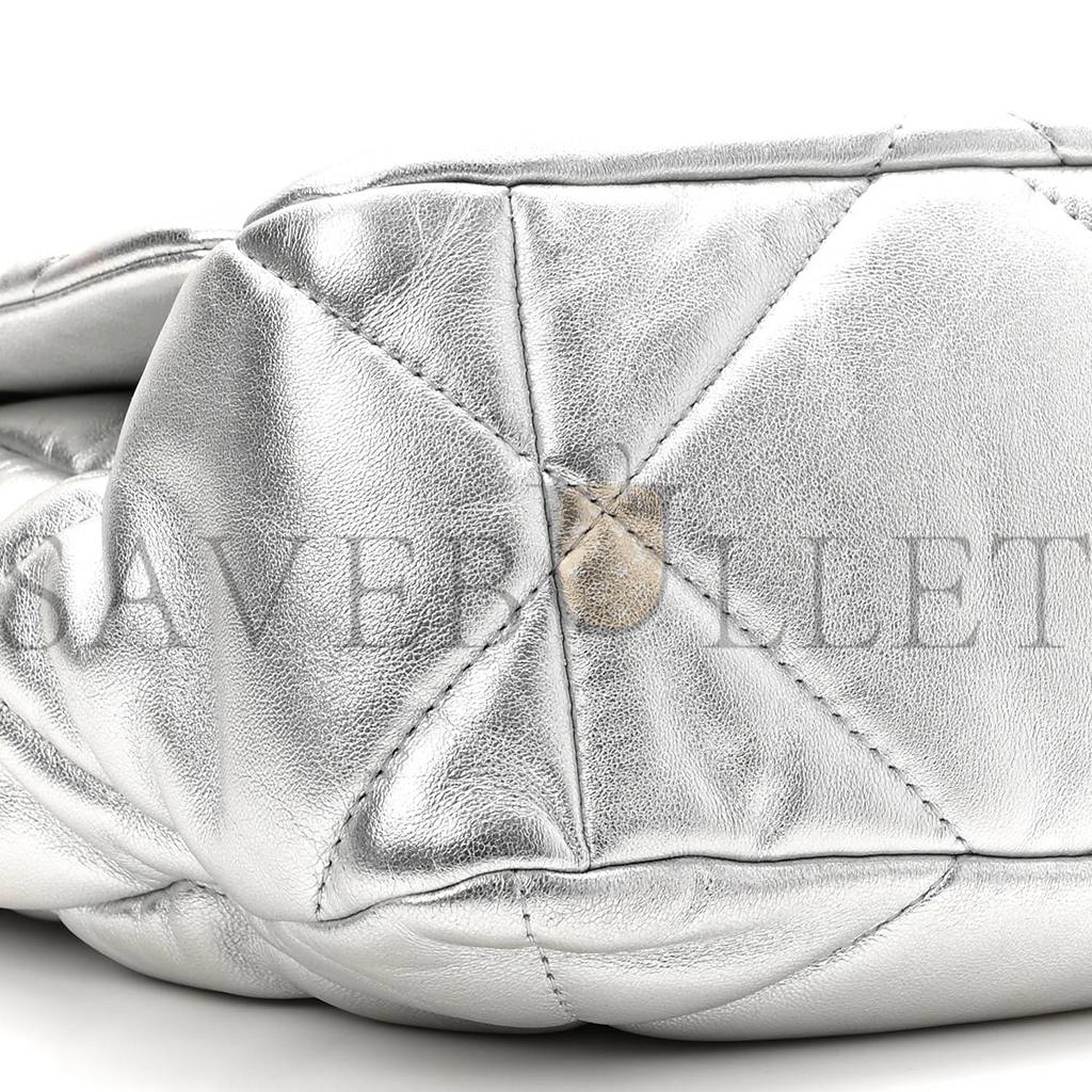Ch*el metallic goatskin quilted large Ch*el 19 flap silver gold hardware (30*21*9cm)