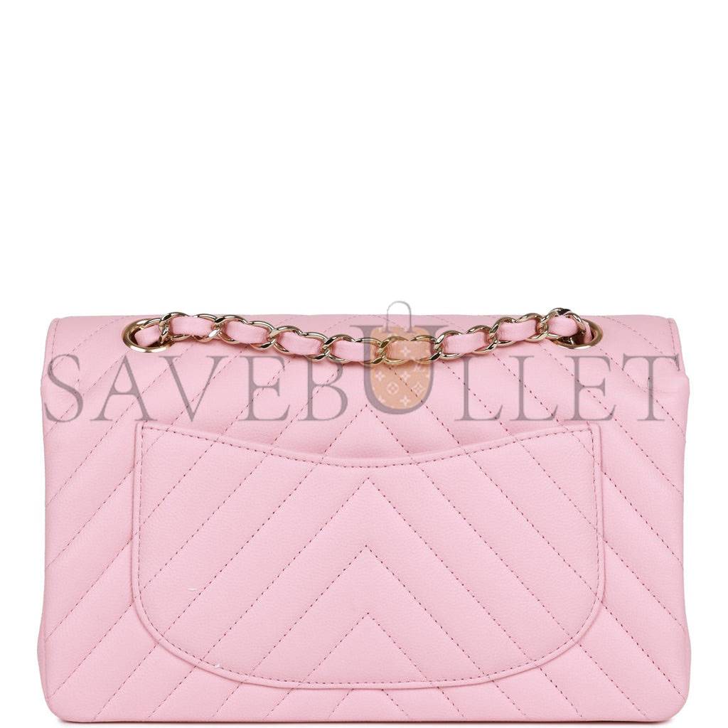 Ch*el small chevron classic double flap pink calfskin light gold hardware (23*13*6cm)