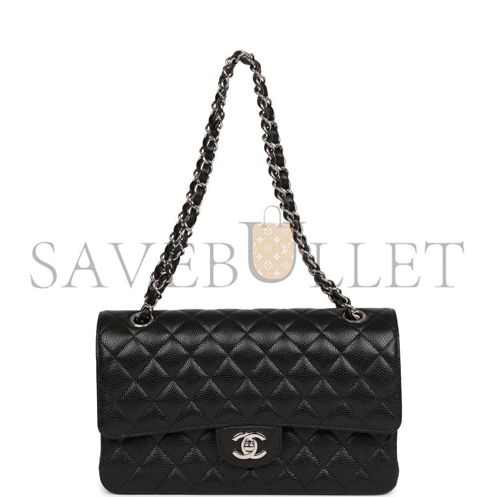 Ch*el medium classic double flap bag black quilted caviar silver hardware (25*15*7cm)