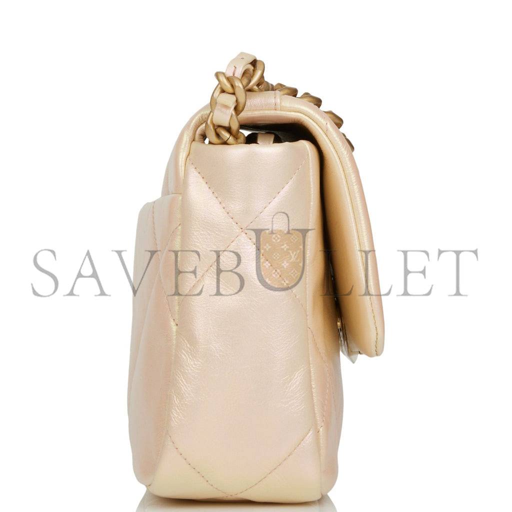 Ch*el medium 19 flap bag rose iridescent calfskin mixed hardware (25*16*9cm)