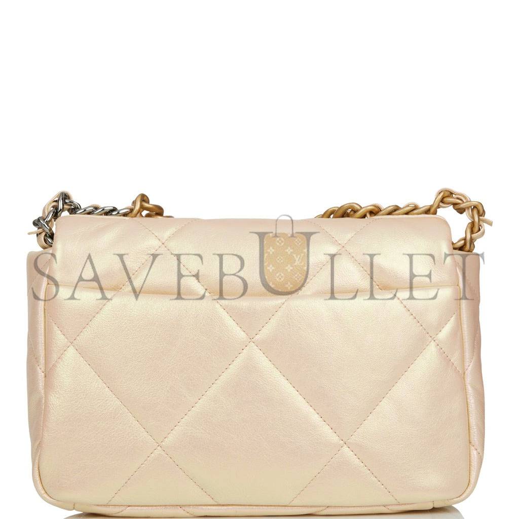 Ch*el medium 19 flap bag rose iridescent calfskin mixed hardware (25*16*9cm)