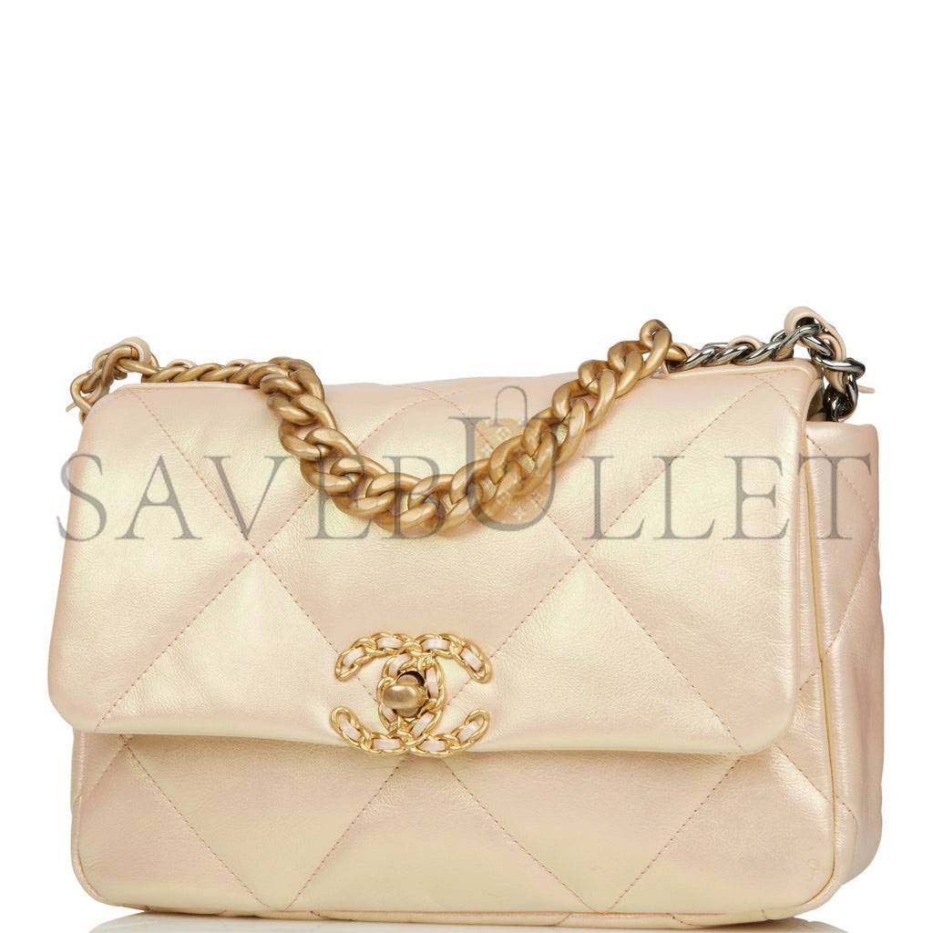 Ch*el medium 19 flap bag rose iridescent calfskin mixed hardware (25*16*9cm)