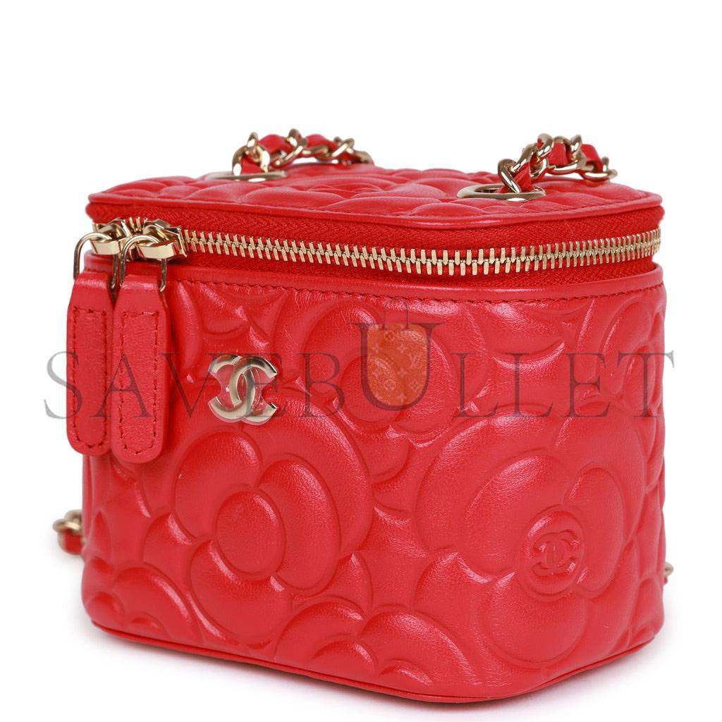 Ch*el camellia mini vanity case red lambskin light gold hardware (11*9*8cm)
