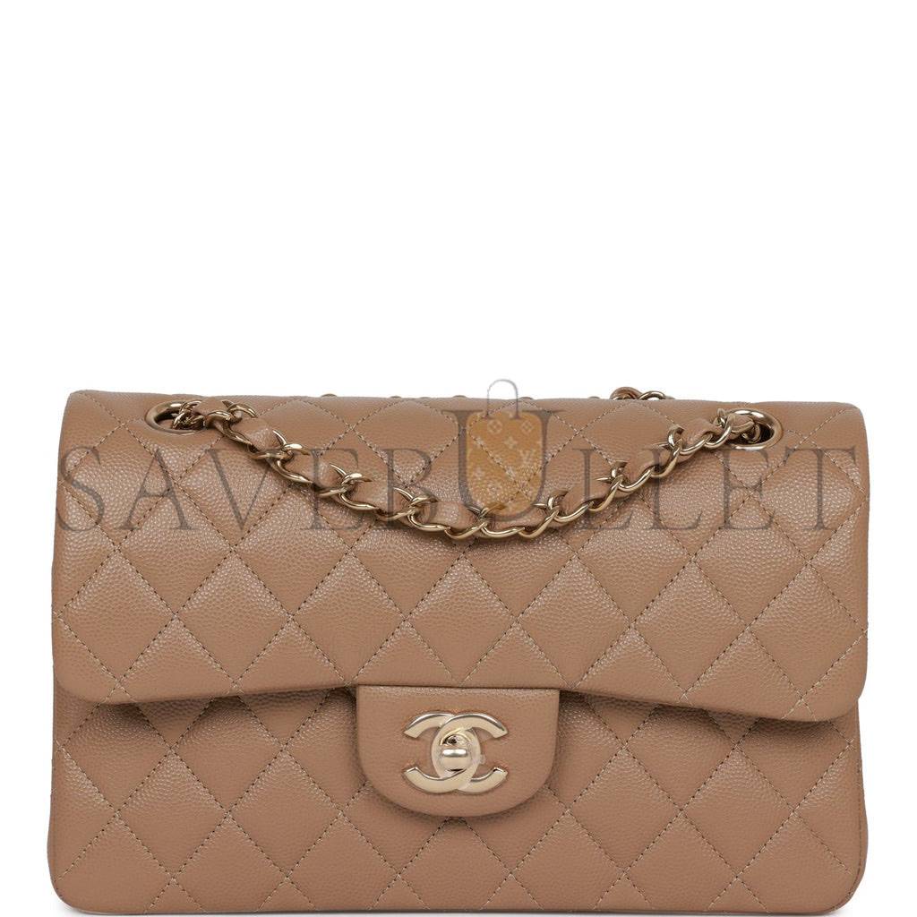 Ch*el small classic double flap dark beige caviar light gold hardware (23*13*6cm)