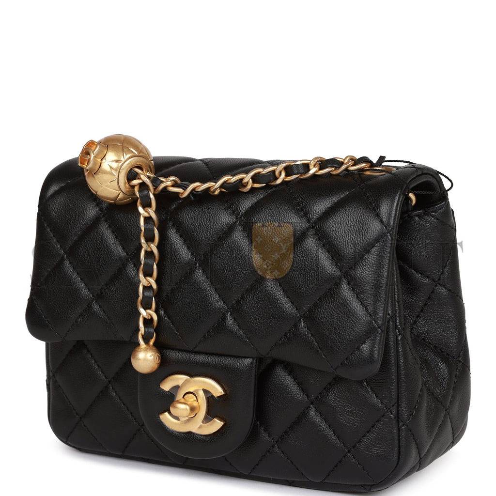 Ch*el pearl crush mini square flap bag black lambskin antique gold hardware (17*14*8cm)