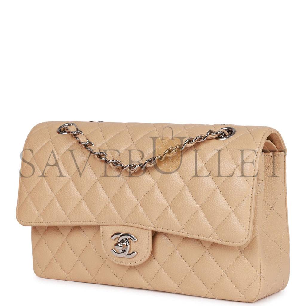 Ch*el medium classic double flap bag beige caviar silver hardware (25*15*7cm)
