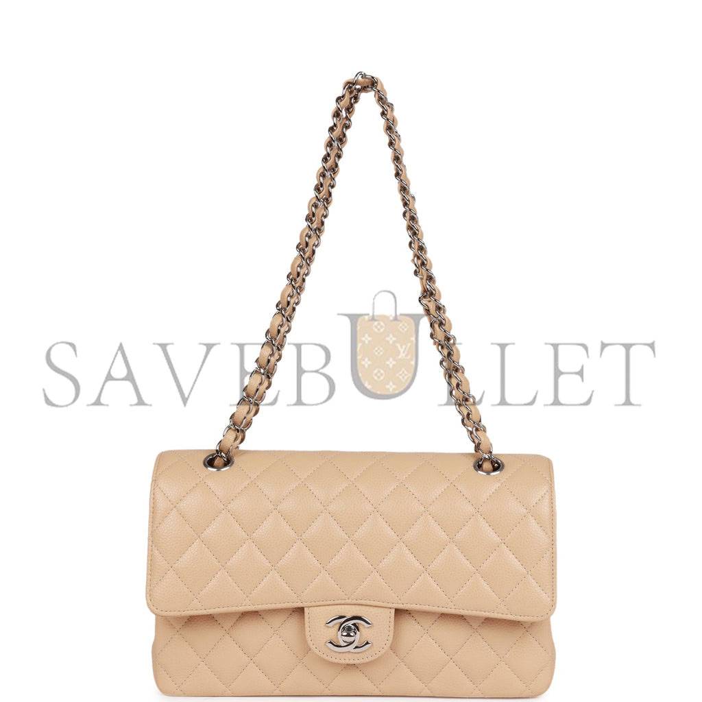 Ch*el medium classic double flap bag beige caviar silver hardware (25*15*7cm)