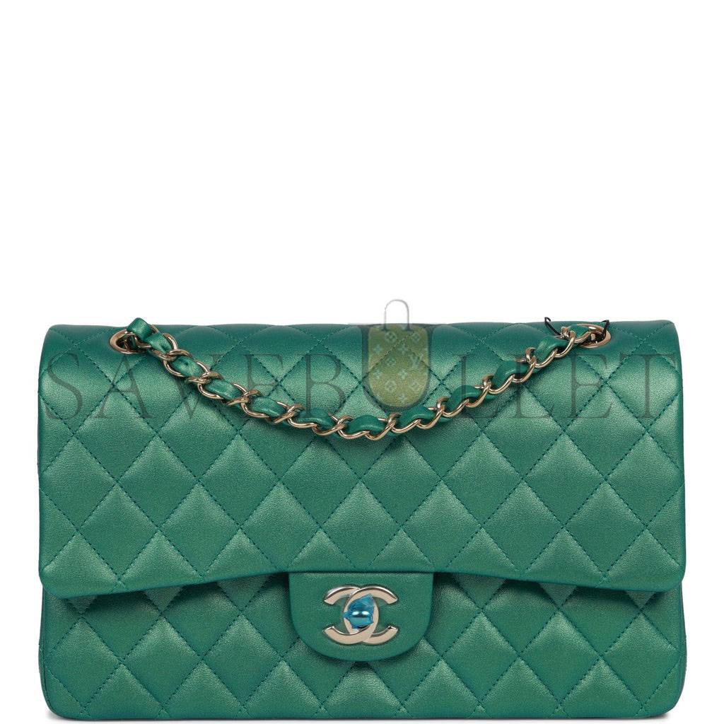 Ch*el medium classic double flap bag green iridescent lambskin light gold hardware (25*15*7cm)