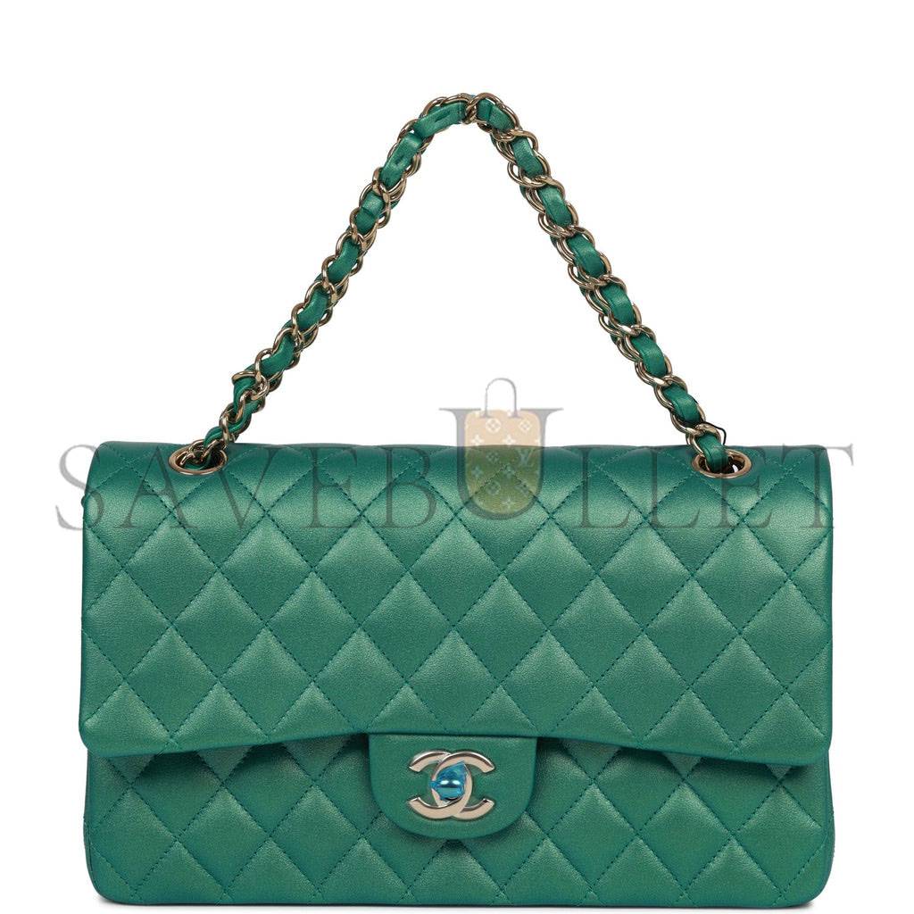 Ch*el medium classic double flap bag green iridescent lambskin light gold hardware (25*15*7cm)