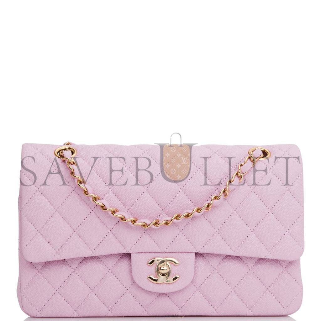 Ch*el medium classic double flap bag rose clair caviar light gold hardware (25*15*7cm)