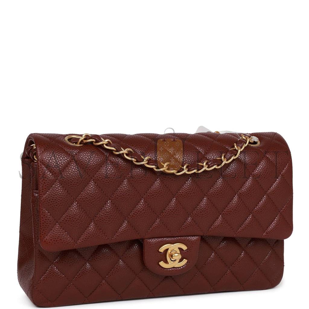 Ch*el medium classic double flap bag burgundy caviar antique gold hardware (25*15*7cm)