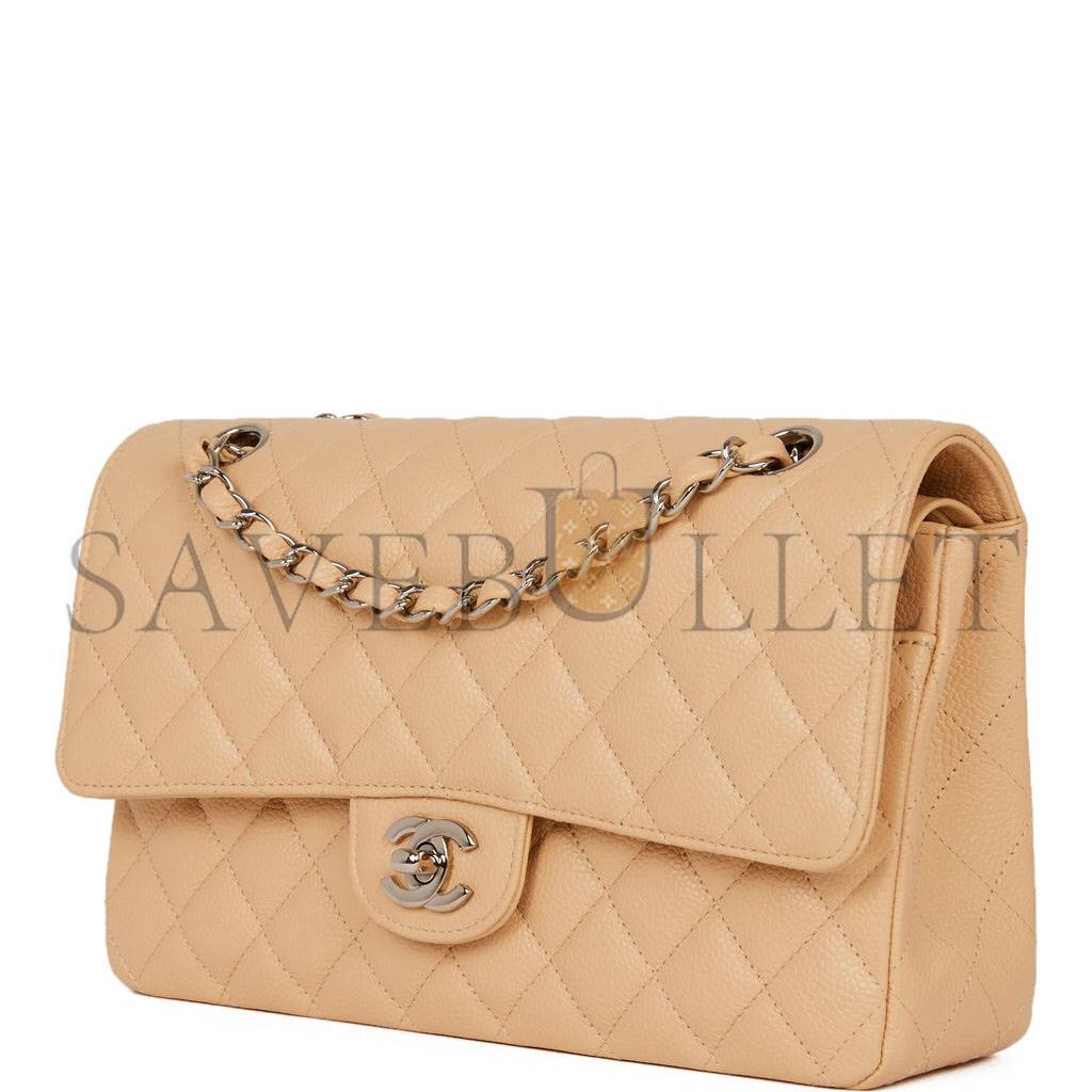 Ch*el medium classic double flap bag beige caviar silver hardware (25*15*7cm)