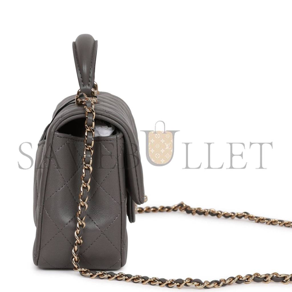 Ch*el mini rectangular flap bag with top handle dark grey lambskin light gold hardware (22*15*8cm)